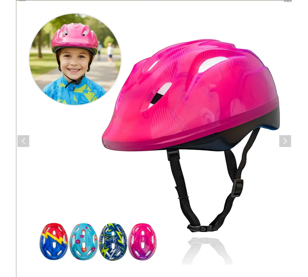 Capacete infantil rosa fotografado em anúncio do Mercado Livre